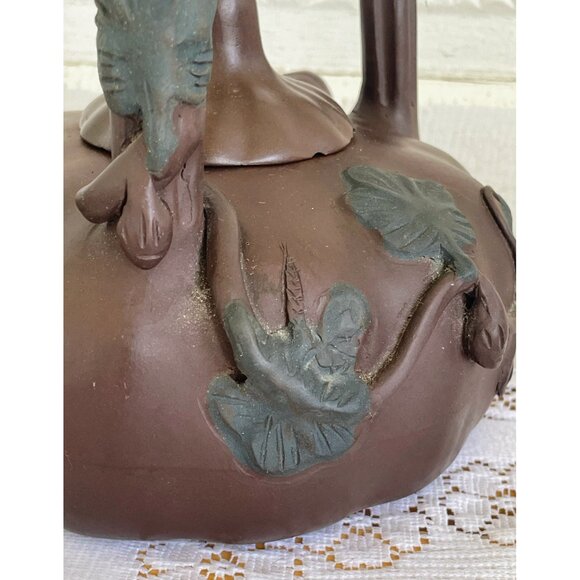 Vintage Clay Pumpkin Chinese Yixing Teapot Vines Big Stem Handle Signed - Picture 5 of 16